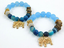 Set of Two Glass Beaded Blue Elephant Charm Stretch Bracelets 6.5"