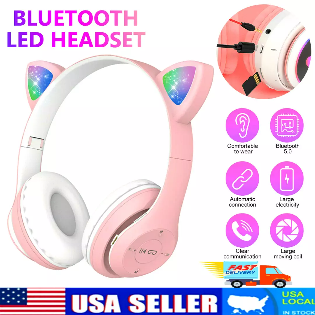 Led Flash Cute Cat Ears Auriculares inalámbricos con micrófono estéreo  Compatible con Bluetooth Soporte Tf Tarjeta para niños Niña Regalo de  música