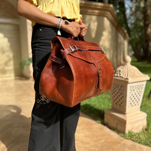 Moroccan Brown Full Grain Leather Travel Bags For Unisex