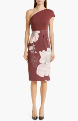 TED BAKER NIMALA ASYMMETRICAL FLORAL STRETCH BODYCON MIDI BROWN DRESS 1/ US  2 | eBay