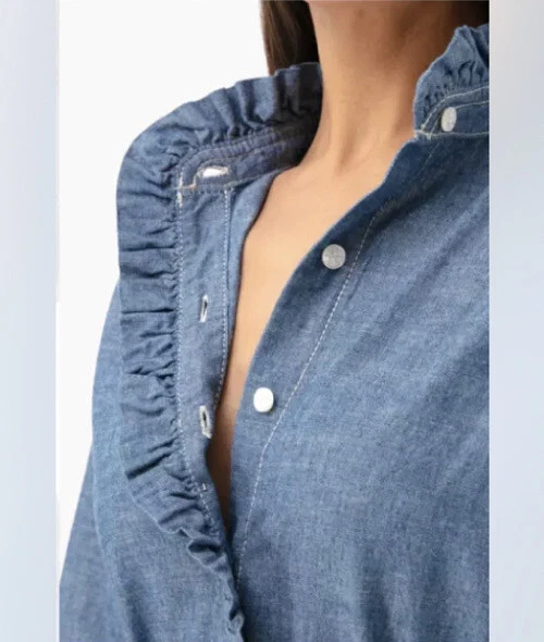 TORY BURCH DENEUVE DENIM SHIRTDRESS IN CHAMBRAY NWT $398 Ruffle 100% Cotton S