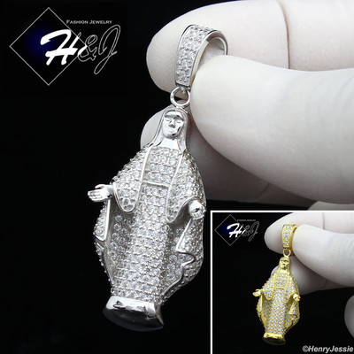 925 STERLING SILVER CUBIC ZIRCONIA GOLD PLATED/SILVER 3D VIRGIN MARY ...