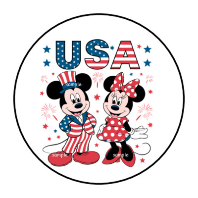 MICKEY MOUSE & MINNIE 4TH OF JULY ENVELOPE SEALS STICKERS LABELS 1.5'' ROUND (30)