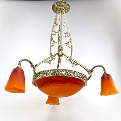 ART DECO Pate de Verre Lüster Hängelampe signiert Schneider Bronze 1920s