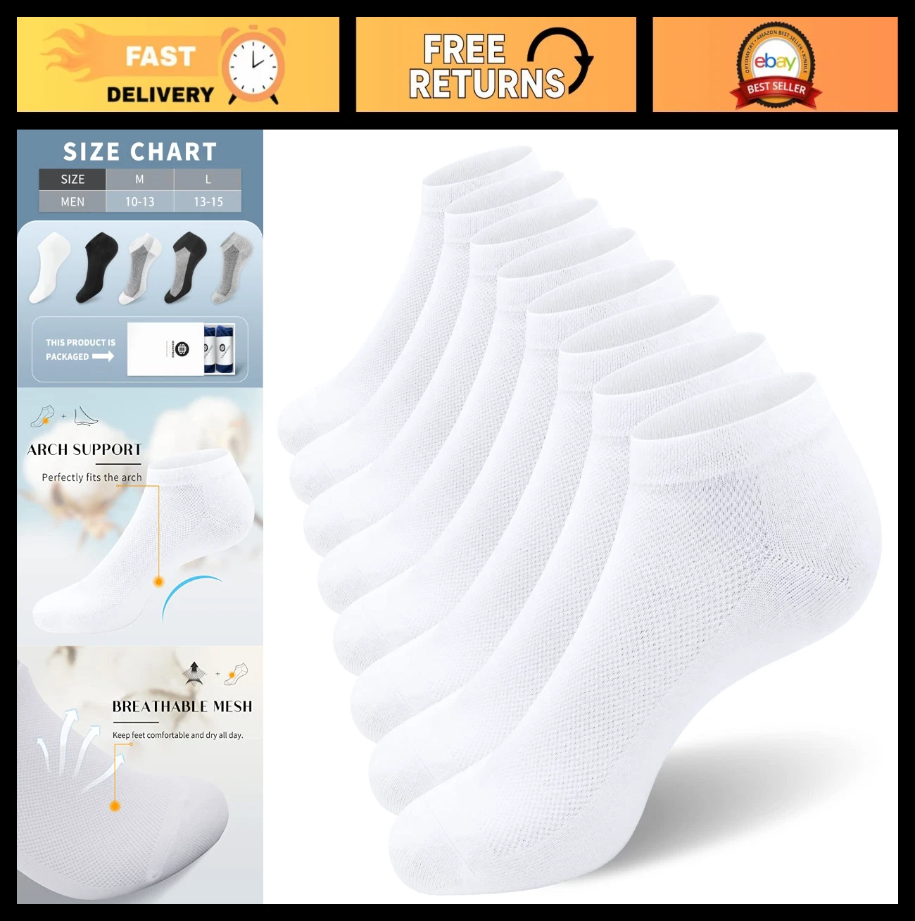 Men's Ankle Socks 8/6 Pack - Low Cut Comfort Casual Size 10-15, Breathable & Sof