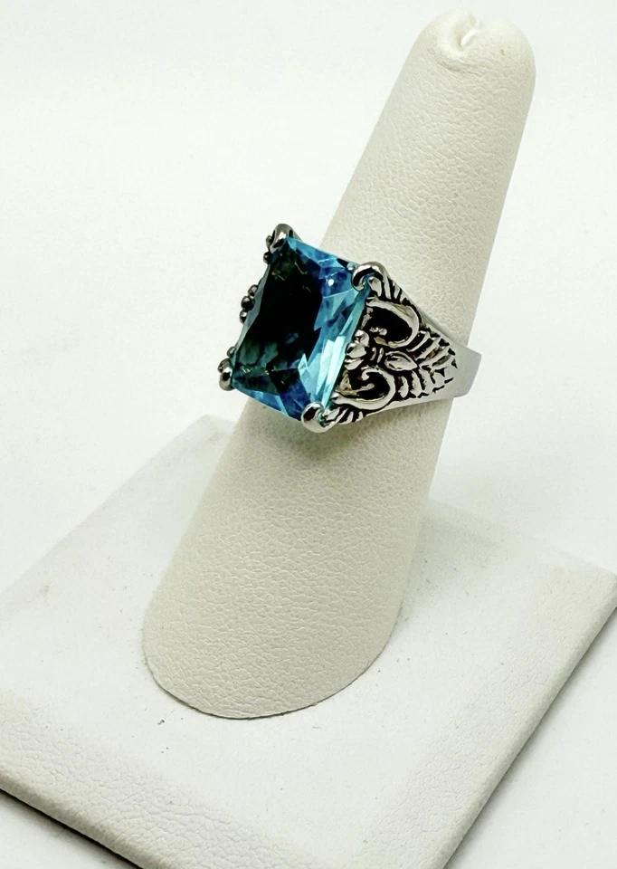 Anillo de acero inoxidable TK316 imitación topacio azul texturizado Art Deco anillo tamaño 6 1/2 Foto 4 de 4