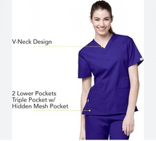 WONDERWINK Origins Pockets Women's Short Sleeve Scrub Top -MEDIUM- Grape 6016A