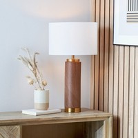 Tall Table Lamp with White Shade Wood Effect Ceramic Gold Detail Bedside Light