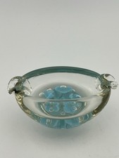 5” Vintage Heavy Clear Art Glass W/ Blue Flowers & bubbles Ashtray/ Paperweight 