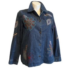 VTG Women s 16 L Embroidered Denim Jacket Beaded Floral Festival