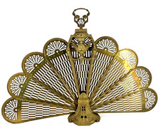 MCM Brass Peacock Fan Fireplace Screen Figural Handle Hollywood Regency