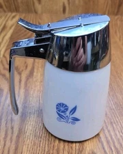 Vintage 1959 Dispensers Inc Blue Morning Glory Milk Glass Drip Cut Syrup Server