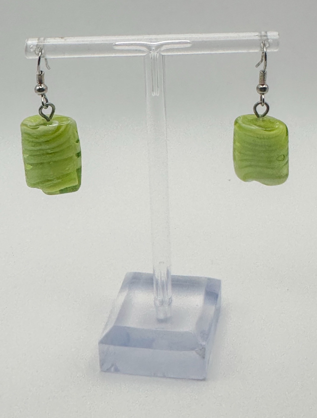 Green Glass Rectangular Beads Silver  Necklace Ea… - image 5