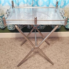 1940s Everlast Hammered Aluminum Butler Serving Tray With Stand - Rare