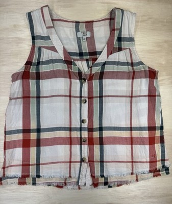 True Craft Small Women's Sleeveless Plaid Raw Frayed Hemline Blouse Cropped