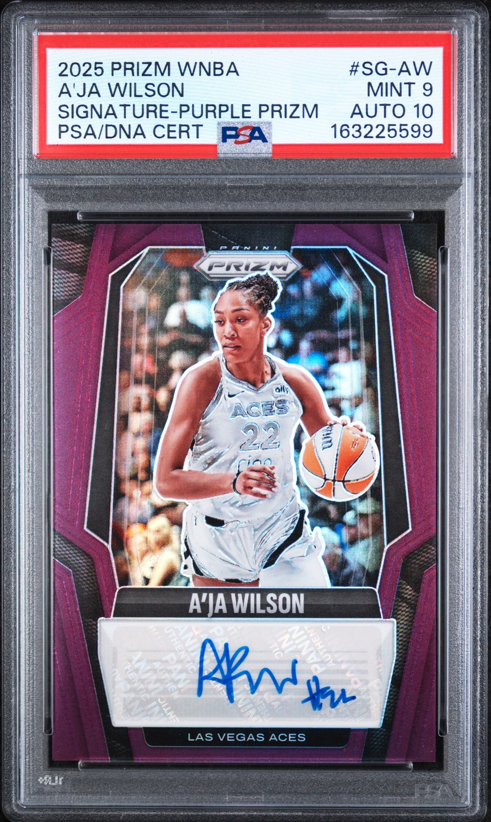 2025 PANINI PRIZM WNBA SIGNATURES PURPLE PRIZM A'JA WILSON 47/49 PSA 9 AUTO 10