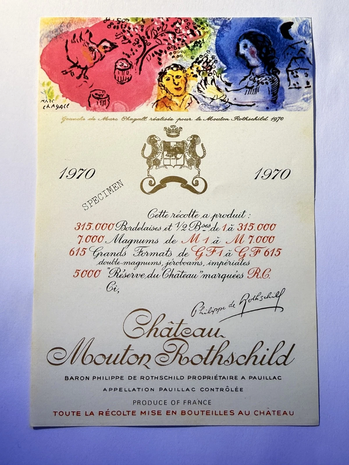 Étiquette De Vin Château Mouton Rotschild Spécimen 1970