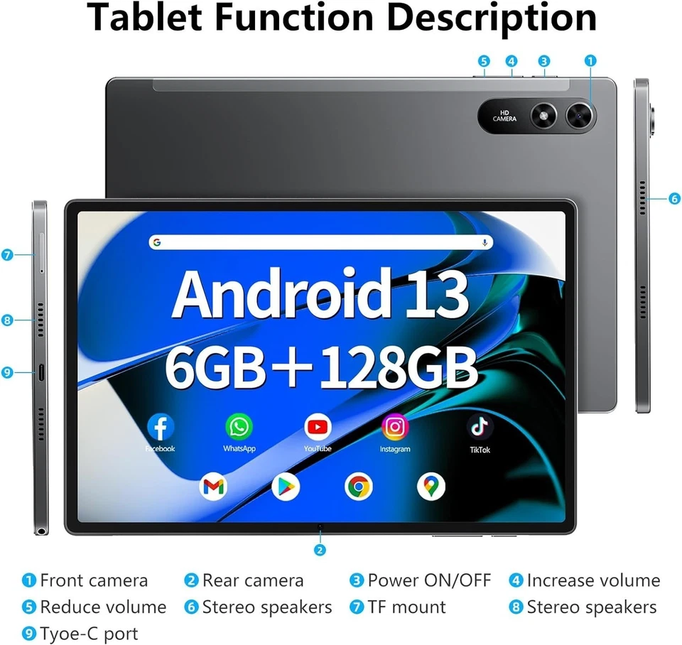 SGIN 10,51" Tablet Android 13 6GB RAM 128GB ROM Octa-Core 2,0Ghz Dual Kamera - Bild 3 von 4