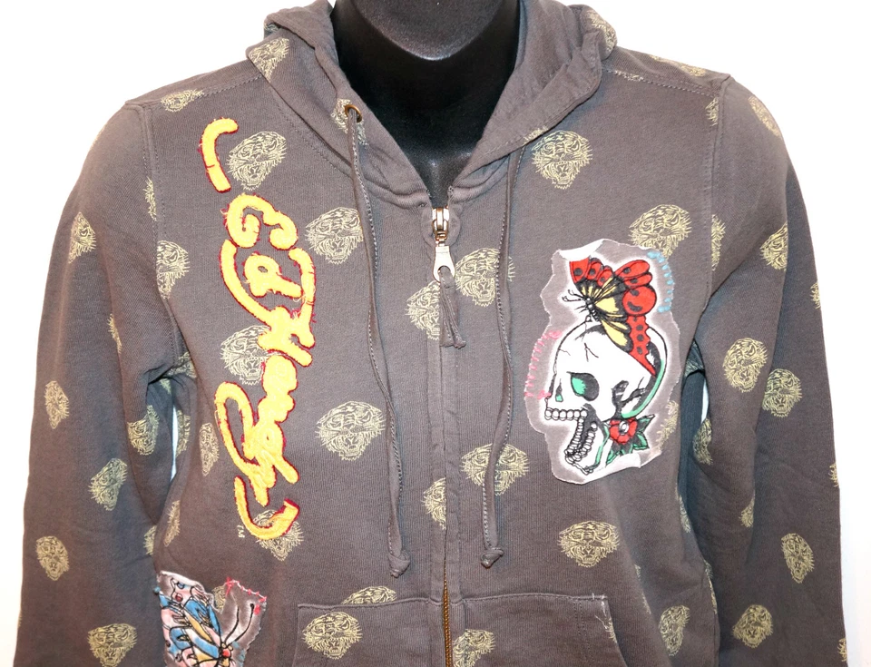 ED HARDY Christian Audigier Sudadera con Capucha MARIPOSA Parche Tigres Calavera XS S Foto 3 de 4