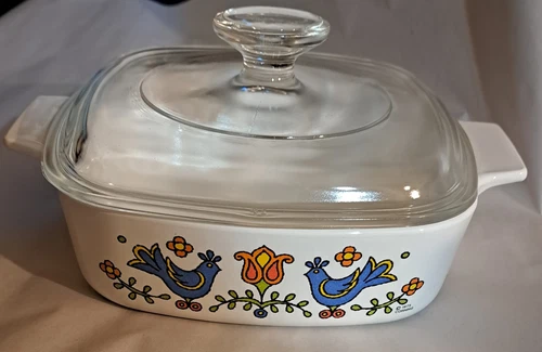 Vtg CORNING Country Festival 1 Qt Baking Dish Blue Birds With Pyrex Lid