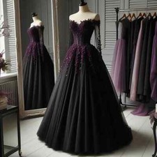 Black Purple Gothic Wedding Dresses Off Shoulder Long Sleeved Tulle Bridal Gowns