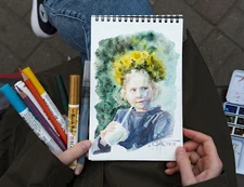 Original Cute Girl Portrait Watercolor Painting, Floral Dandelion Flower TinyArt