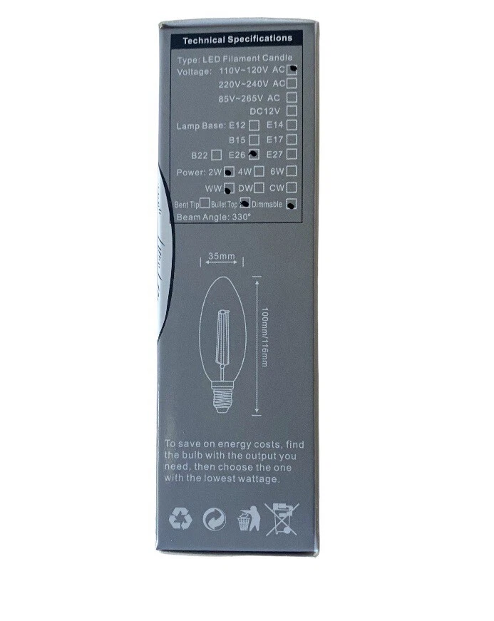 4 Dimmable C35 E26 LED Filament Candle Light Retro Edison Bulb 2W Lamp Lights - Image 3 of 4