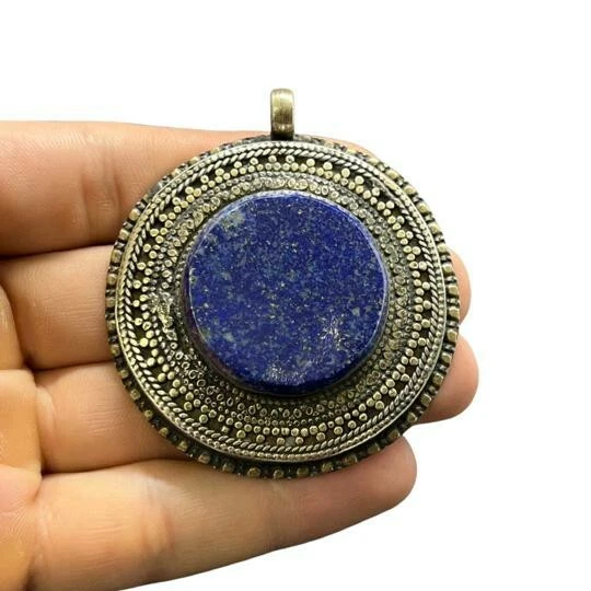 Old Natural Lapis Lazuli Inlay Round Pendant Silver Plated Middle