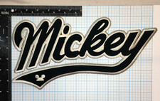 VINTAGE MICKEY MOUSE DISNEY CARTOON 13.5  IRON ON PATCH BLACK VELVET SCRIPT