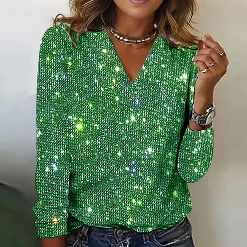 Women's Casual Solid Tops Sequin Long Sleeved V Neck Loose T Shirt Blouse Tops * - Picture 13 of 23