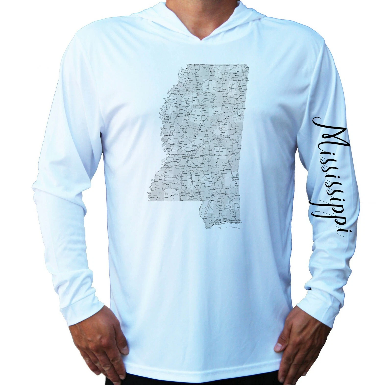 Mississippi State Map UV Protected UPF 50 Long Sleeve T-Shirt Hood Fishing Boat