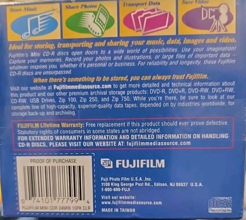 New 10 Pack Fujifilm Color Mini CD-R 210MB 24X Write Speed & Color Jewel Cases - Picture 2 of 2