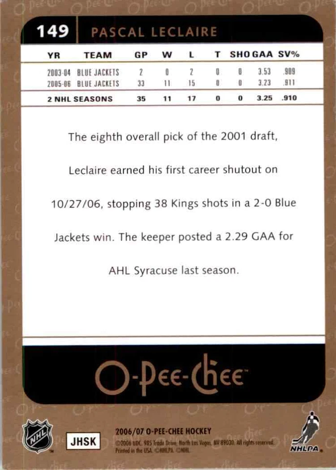 2006-07 O-Pee-Chee Pascal Leclaire #149 - Image 2 of 2