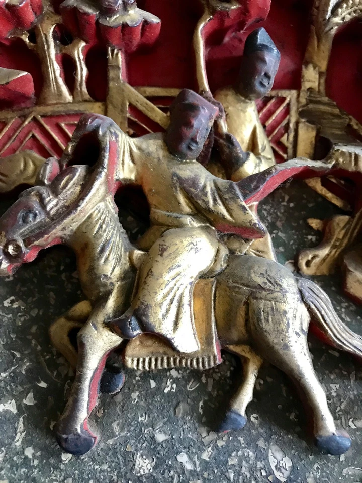 Antique Chinese Carved Red Gilt Painted Wood Panel 15 1/8" X 9 1/2" - Image 4 of 4