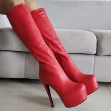 Women Knee High Boots Platform Faux Leather Full Zipper Thin High Heels Boots