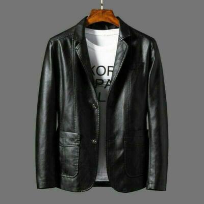 Men's Faux Leather Blazer Jacket Coat Top Outwear Casual Black