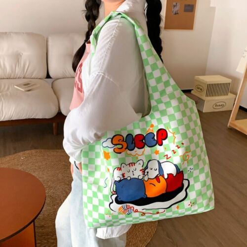 School Bag Colorful Plaid Tote Bag Commute Retro Cartoon Handbag  Summer - Picture 1 of 27