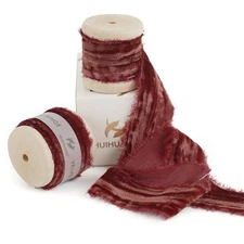 Rust Red Velvet Ribbon 1 inch Frayed Silk Velvet Ribbon Fringe for Gift Wrapp...