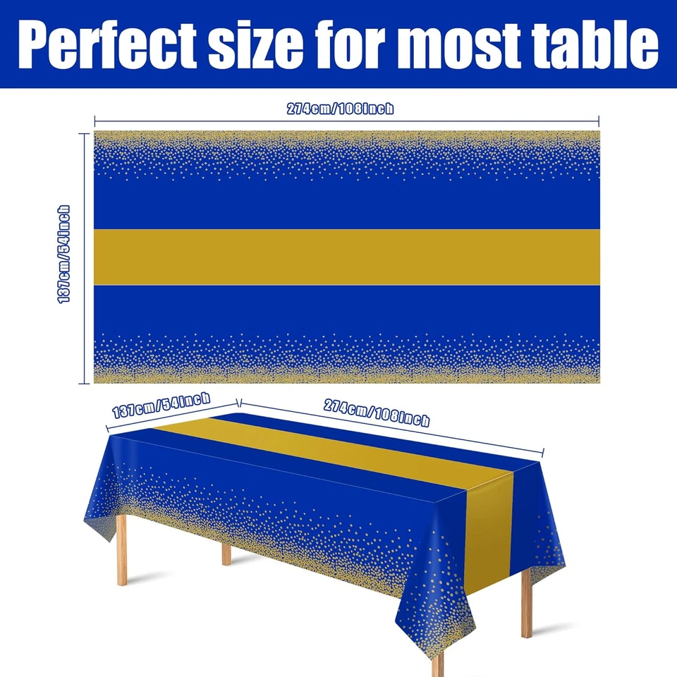 OHOME 4 Pack Disposable Plastic Table Cloths for Parties,Royal Blue and Gold Rec - Image 3 of 4