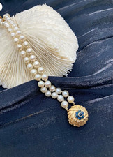 14k Yellow Gold Double Strand Cultured Akoya Pearl Bracelet Sapphire Box Clasp