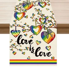 Rainbow Love Heart Love is Love LGBTQ Table Runner Pride Day Inclusion Lesbia...