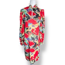Vintage 90s Crane Print Midi Dress Red Mandarin Collar Size 8 Semi Sheer Boho