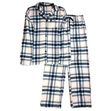 Womens White Blue Flannel Long Sleeve Pajama PJ Sleep Set