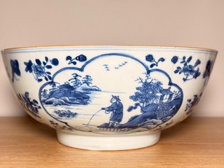 Antique Chinese Blue & White Punch Bowl Depicting Flower & Figure 18th Century