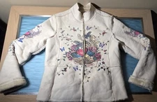 Eivissa Women's Faux Shearling Jacket Size L Cream Tattoo Style Heart Rose