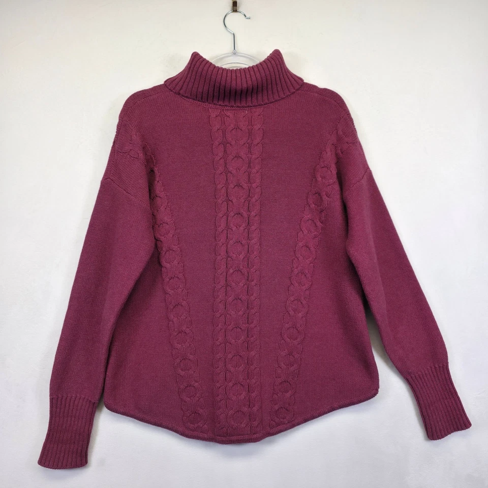 LL Bean Sweater Womens XL Purple Turtleneck 3D Cable Knit Fisherman Classic VTG - Image 3 of 4