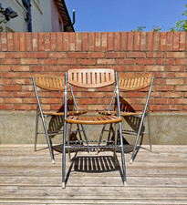Set of 3 Sturdy Vintage MCM Chrome & Oak Slatted Folding Chairs Retro VGC
