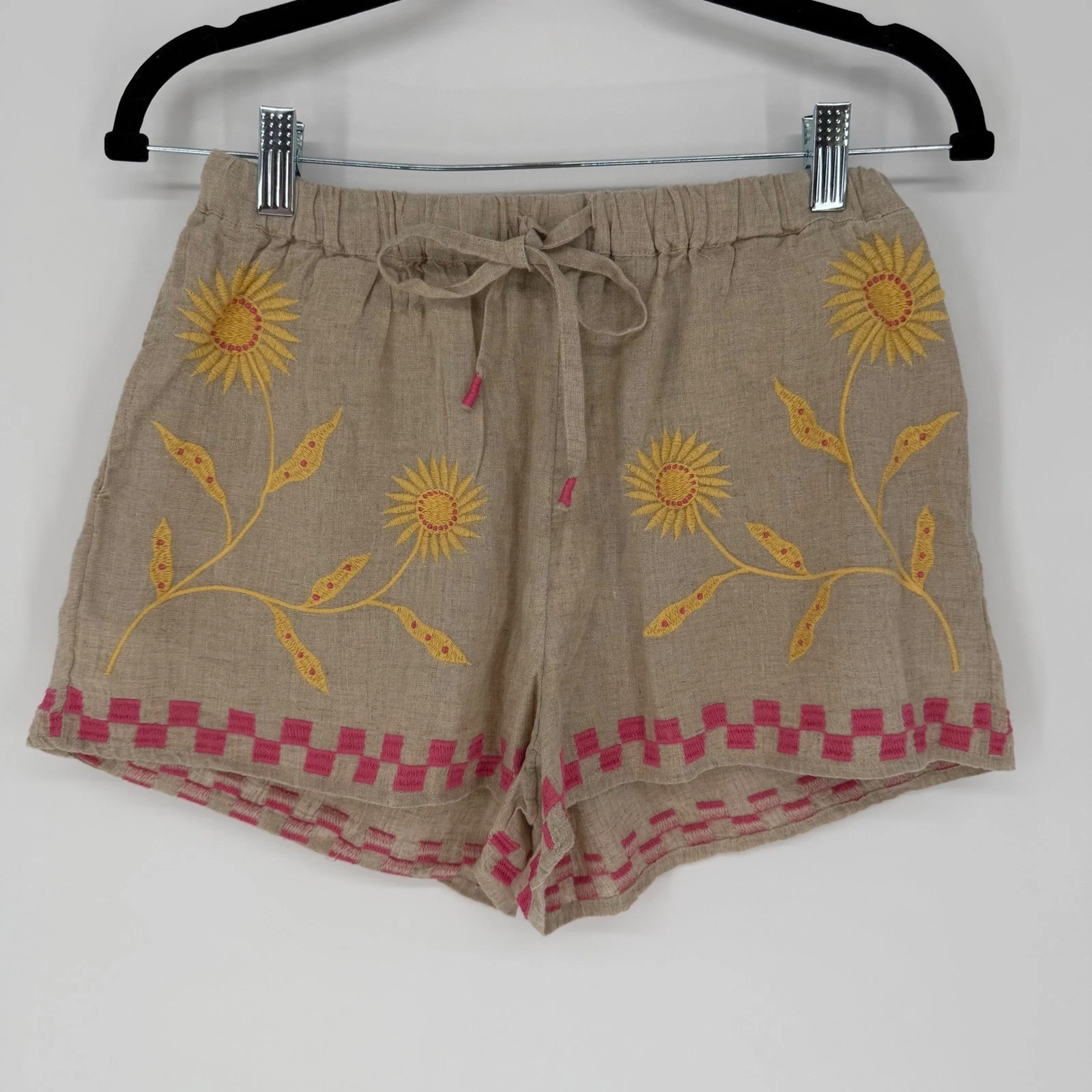ANTHROPOLOGIE CELANDINE LINEN BLEND SHORTS SUNFLOWER EMBROIDERY XS NWT NEUTRAL