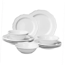  Scandi Style Porcelain Dinnerware Set - Ceramic Crockery Sets 12 piece White
