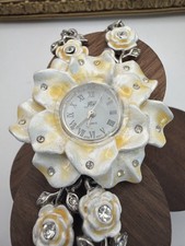 1212 vintage Style Floral Bracelet Watch White Yellow Enamel Roses rhinestone